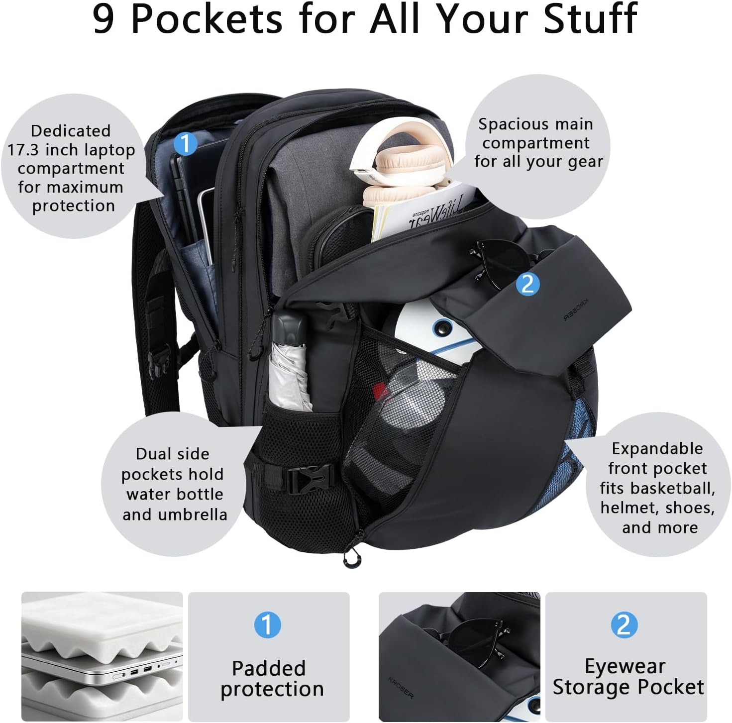 image:imageKROSER Travel Backpack for men Laptop Carry On Backpack Flight Approved 173 inch Laptop Computer Bag Casual Daypack for Weekender Business Hiking Can accommodate basketballDesertBlack173